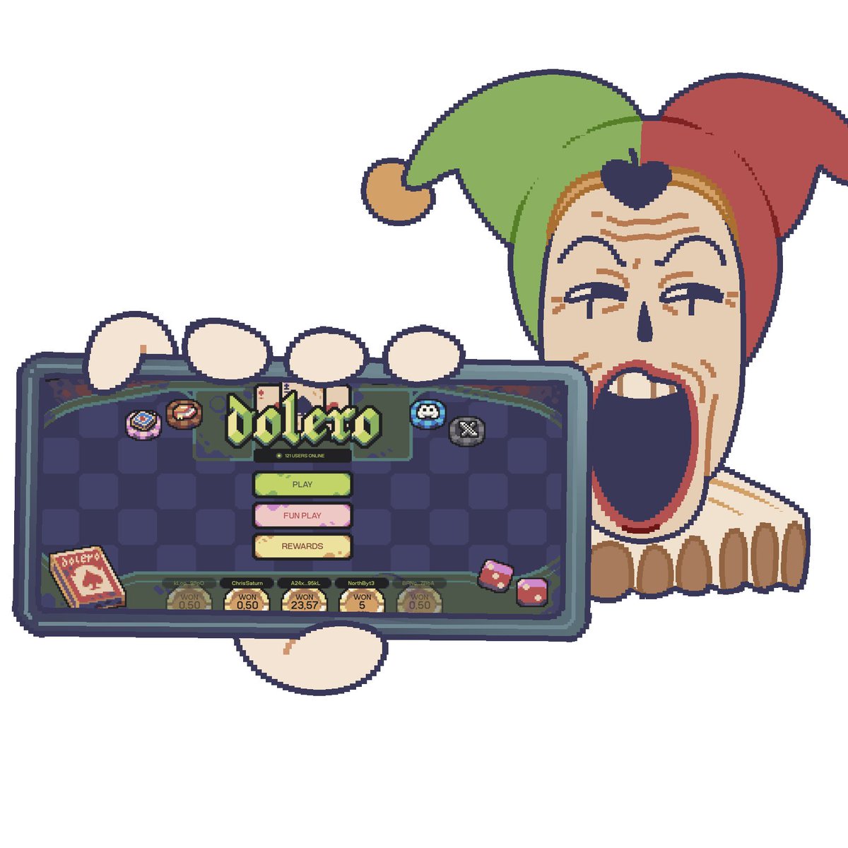 Dolero mobile app illustration featuring a jester character holding a tablet with the game interface