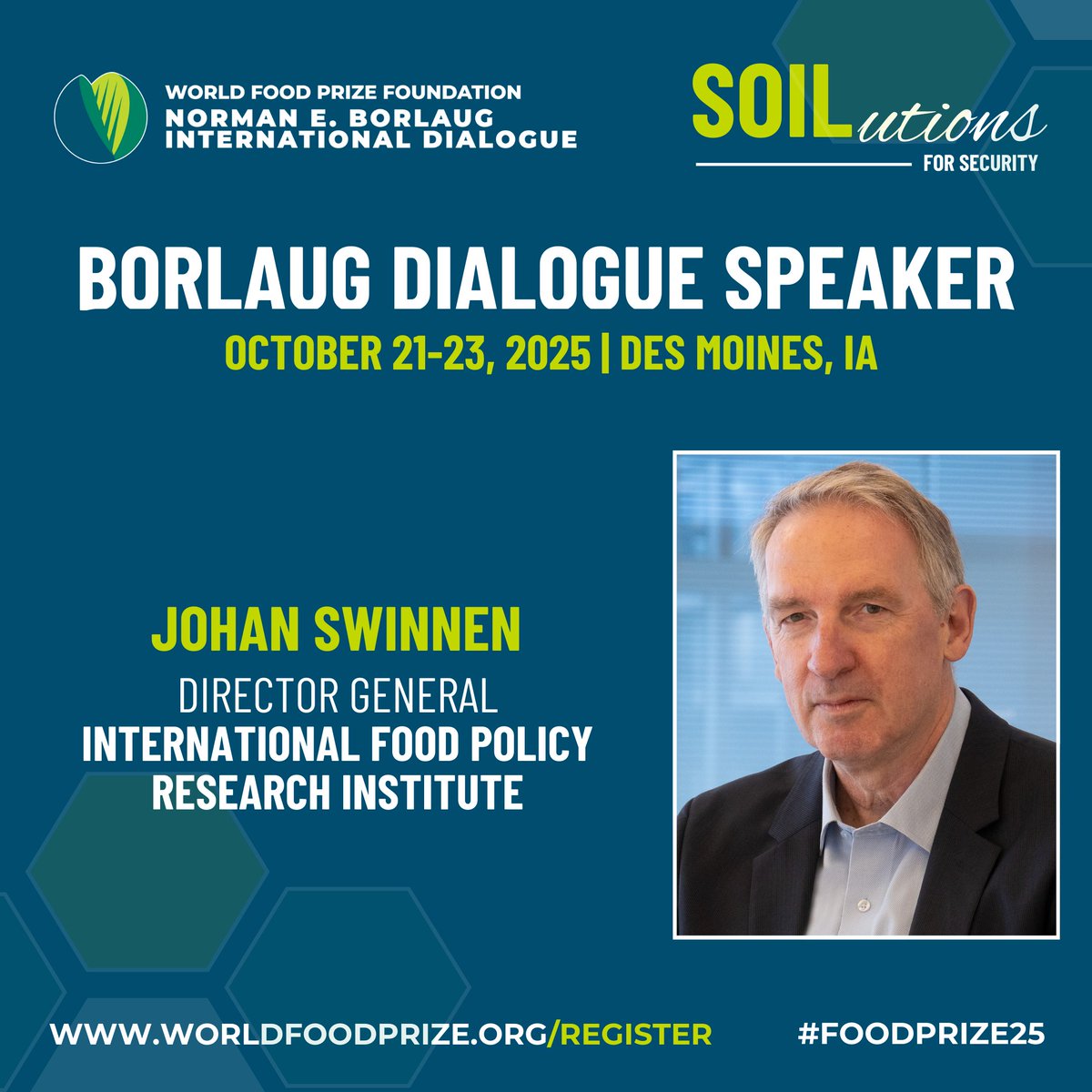 IFPRI's tweet image. IFPRI’s @Jo_Swinnen will participate in two events at the @WorldFoodPrize 2025 Norman E. Borlaug International Dialogue:
📌Peace on the Plate: A Legacy of Security: A Legacy of Security
📅October 21, 2025 10:00am – 10:45am CDT
📌School Meals as an Engine for Economic…