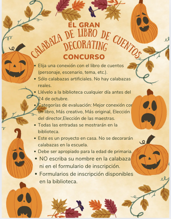 Our Pumpkin Patch is filling up but it's not too late to bring yours!  Pumpkins for the Great Storybook Decorating Contest are due Oct. 24!