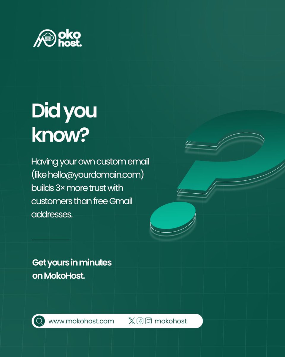 mokohost's tweet image. A professional email like hello@yourdomain.com makes your business instantly more credible. 

Get yours in minutes on mokohost.com.

#DidYouKnow #CustomEmail