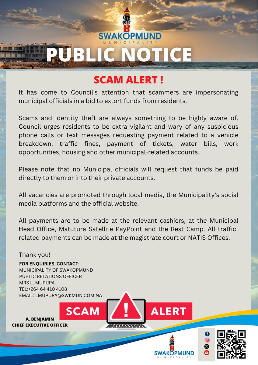 SCAM ALERT!

Dear Residents,

It has come to Council's attention that scammers are impersonating municipal officials in a bid to extort funds from residents.

Scams and identity theft are always something to be highly aware of.