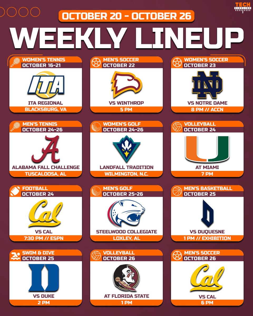 TechSideline's tweet image. Here is what’s on tap this week for #Hokies athletics!