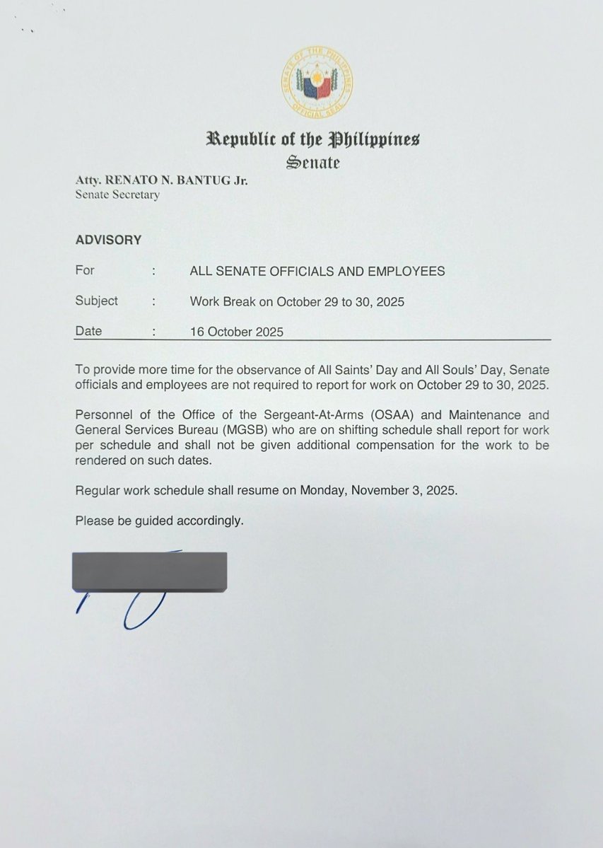 nimfaravelo's tweet image. Long weekend/Undas break para sa Senate officials at employees
Work break sa Oct. 29 -30 ⬇️
@dzbb