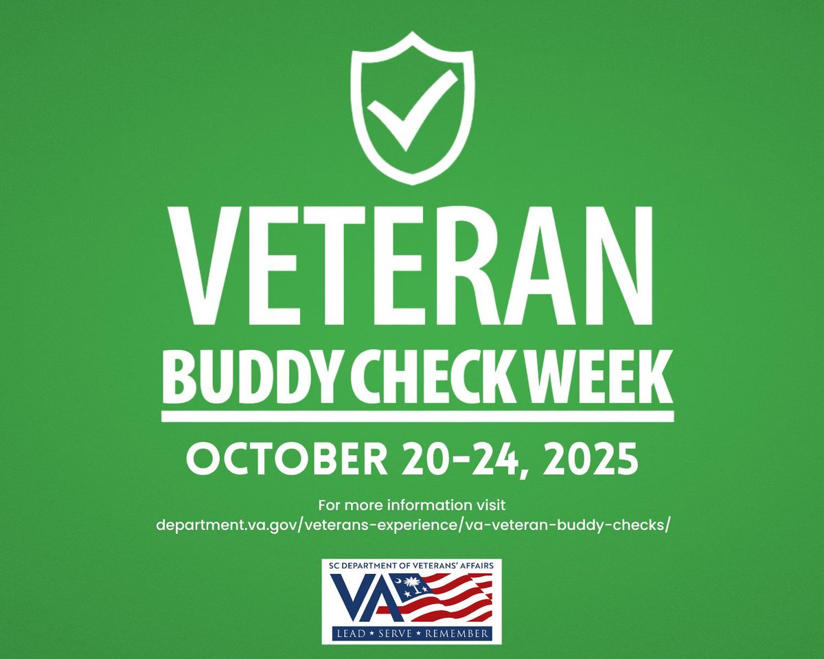 4SCVETS's tweet photo. ✅It’s National Veteran Buddy Check Week!🏅

This week the @DeptVetAffairs encourages Veterans, families &amp; partners to reconnect, check in, and support one another through meaningful conversation &amp; care🇺🇸

➡️ Learn more: https://t.co/GHdGWXi70d

#BuddyCheckWeek #SCVeterans https://t.co/JYyae46tzh