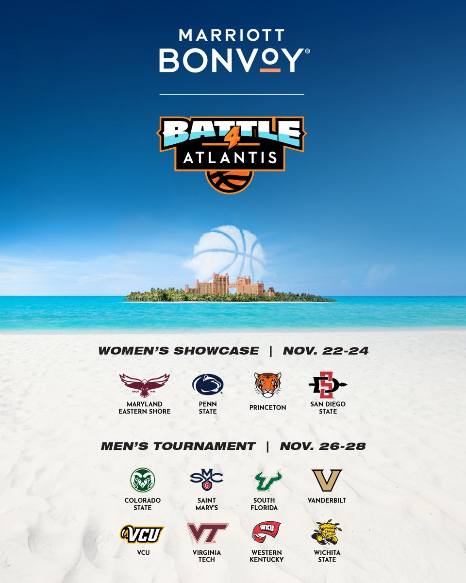 B4AOfficial's tweet photo. Introducing the @MarriottBonvoy Battle 4 Atlantis - a new era of hoops in Paradise! Experience the best in NCAA sports and travel in one of the most beautiful destinations in the world. Join us for tip off this Thanksgiving at @AtlantisBahamas🏀

Book Now: https://t.co/vqiZkC9Ydr https://t.co/D8m74z7O3R
