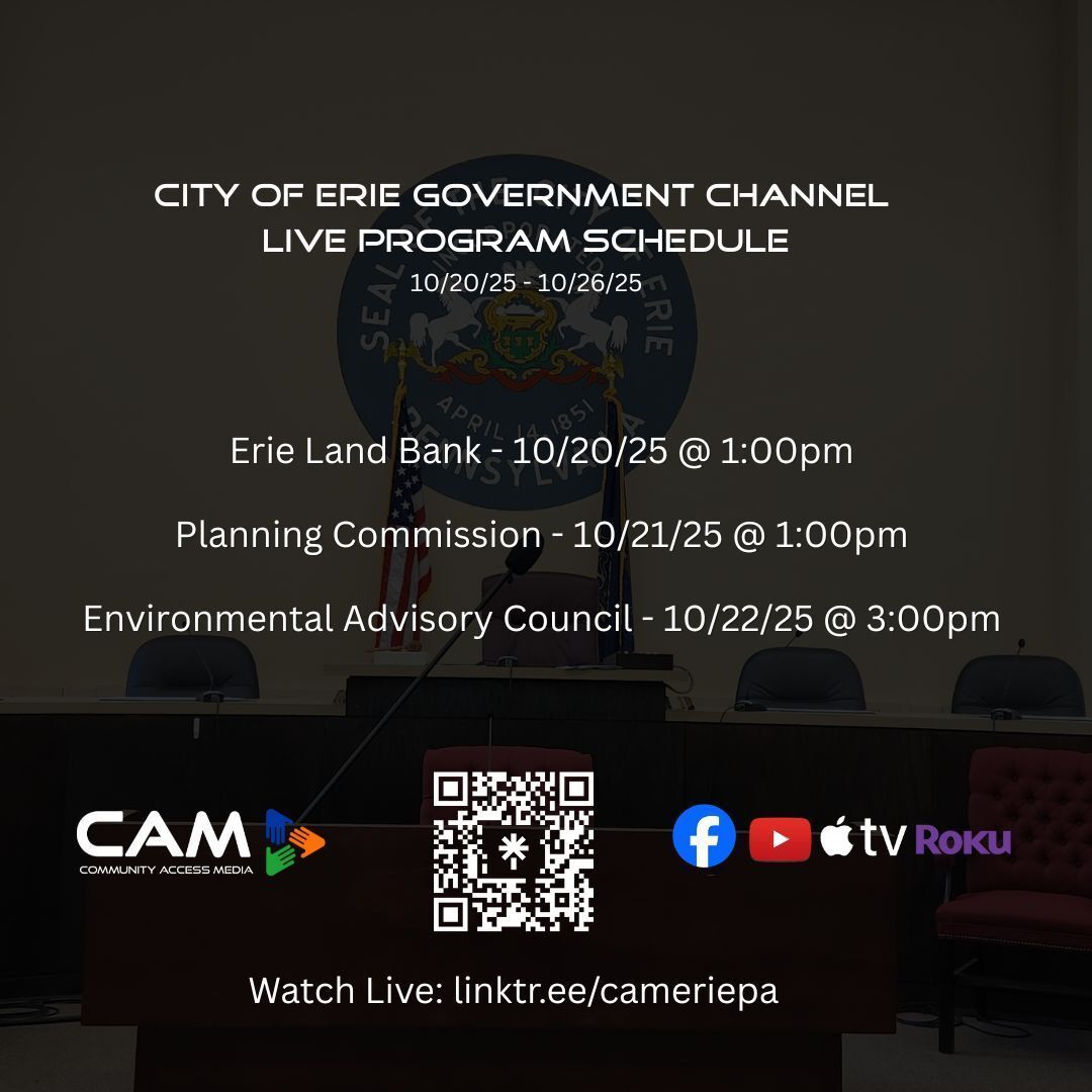 CAMEriePA's tweet image. Our weekly live programming lineup for the week of 10.20.25 to 10.26.25. Explore our full schedule at camerie.org/vod. Catch the live broadcasts on Roku or Apple TV by installing our CAMEriePA app. #CAMERIEPA #LIVEPROGRAMMING #CITYOFERIE