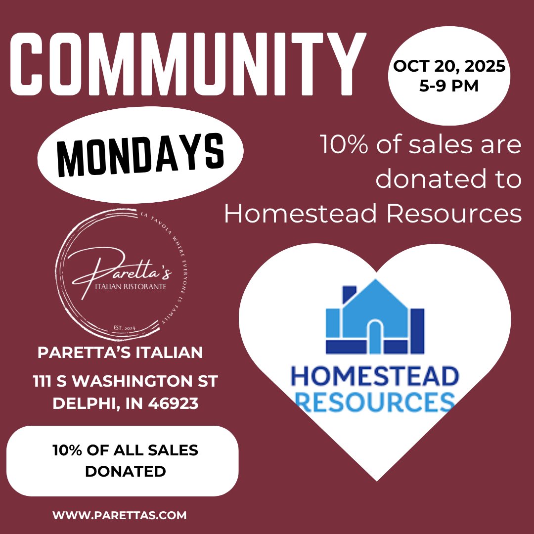 Dine at Paretta's Italian Ristorante in Delphi, IN tonight between 5 and 9 p.m. for Community Monday! Ten percent of all sales will be donated to support our mission.