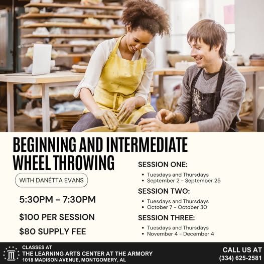 montgcitypandr's tweet image. The next Wheel Throwing session starts next week at The Learning Arts Center at The Armory! If you are interested in the art of pottery, please call 334-625-2581 for more information!

#funinmgm #ourmgm #LearningArtsCenter
