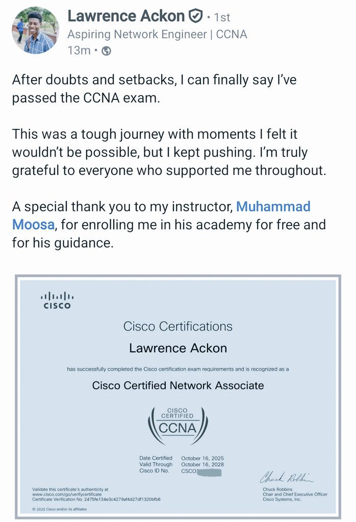 mmusaktk's tweet image. Seeing my student pass his CCNA today honestly made my day 🥳
I’ve been helping students kickstart their IT careere, whether it’s #ccna, #CyberOps, #DevNet, or #AWS, we build confidence, skills, and real progress together.
I share free and paid opportunities to register for…