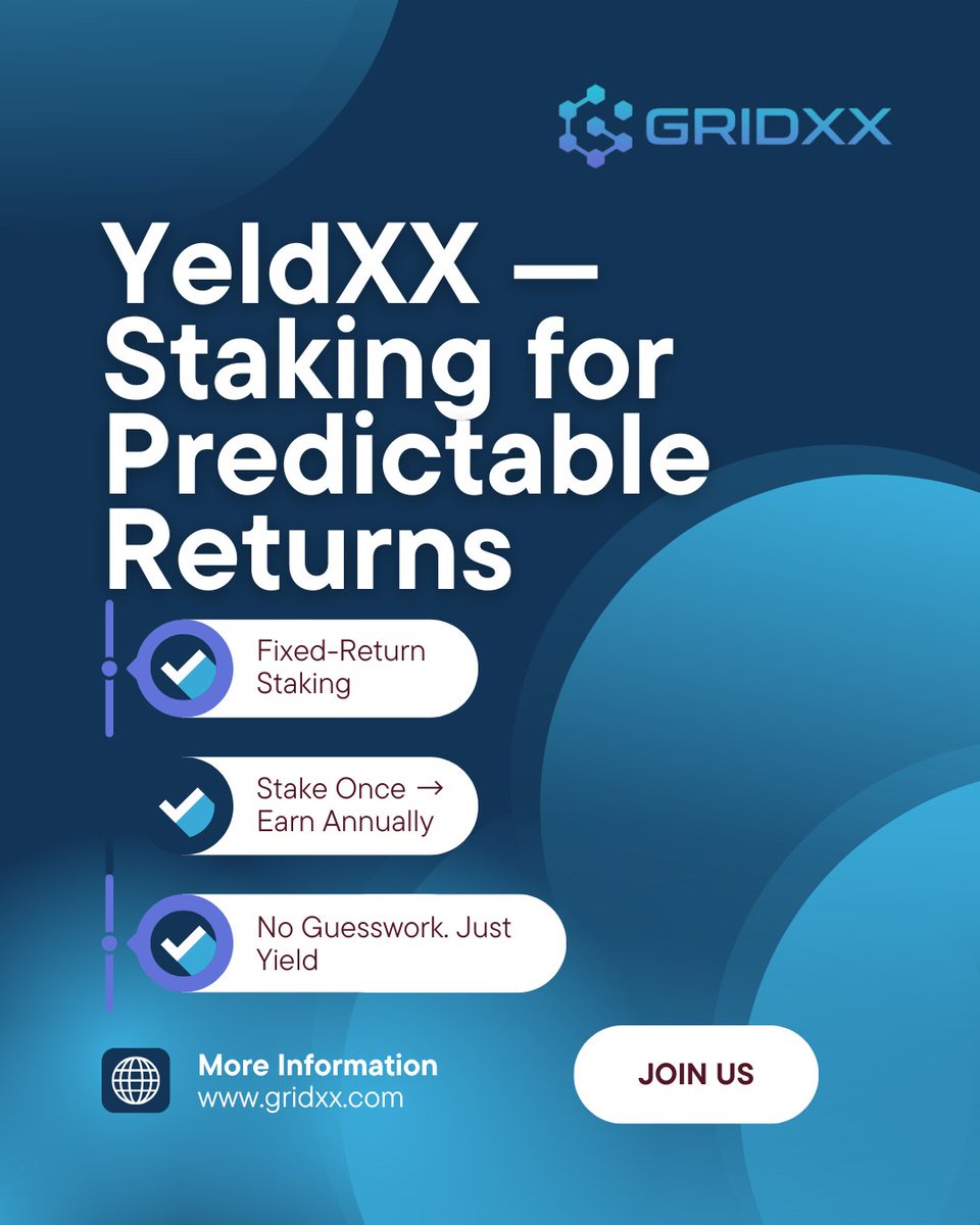 gridxxcom's tweet image. What if your crypto could earn reliably—without wild ups and downs? With YeldXX, you stake and earn fixed annual returns backed by partnerships and real revenue. Stability meets growth.

#GridXX #YeldXX #CryptoStaking #PassiveIncome #DeFiUtility