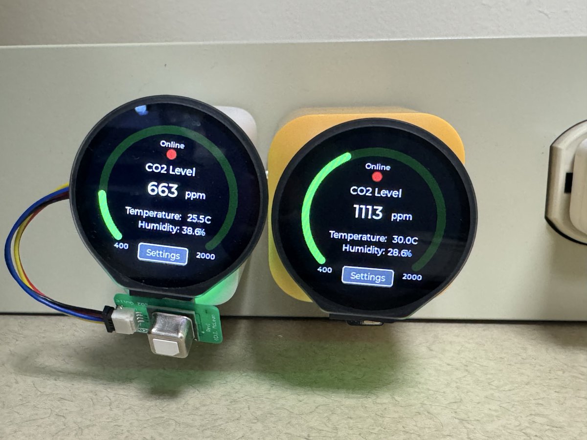 mikerankin's tweet image. Sensirion SCD40 on the left and smaller new STCC4 CO2 sensor on the right. Huge difference in the two that’s a bit concerning. I can see why the temperature is so high on the right because of the esp32 #sensirion #arduino