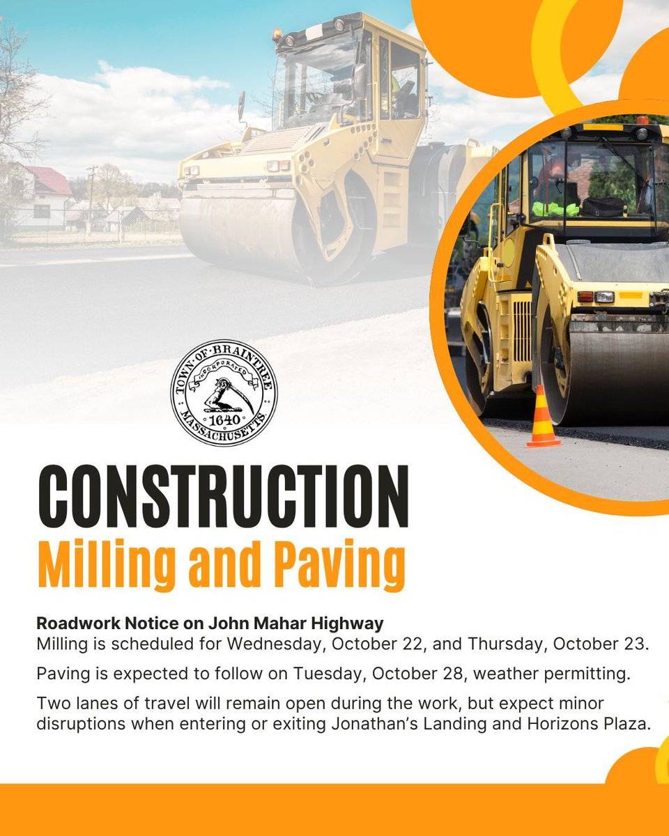 Milling on John Mahar Highway is scheduled for Oct 22–23, with paving planned for Oct 28 (weather permitting). Two lanes of travel will remain open during the work, but expect minor disruptions when entering or exiting Jonathan’s Landing and Horizons Plaza.