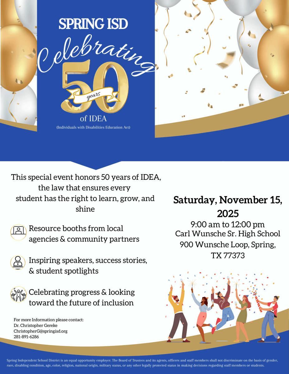 SpringISD's tweet image. Celebrate 50 years of IDEA at the Spring ISD All Abilities Fair! 🎉 Join us Nov. 15, 9 a.m.–12 p.m. at Carl Wunsche Sr. High for speakers, student vendors &amp;amp; community fun. @SISD_CoA