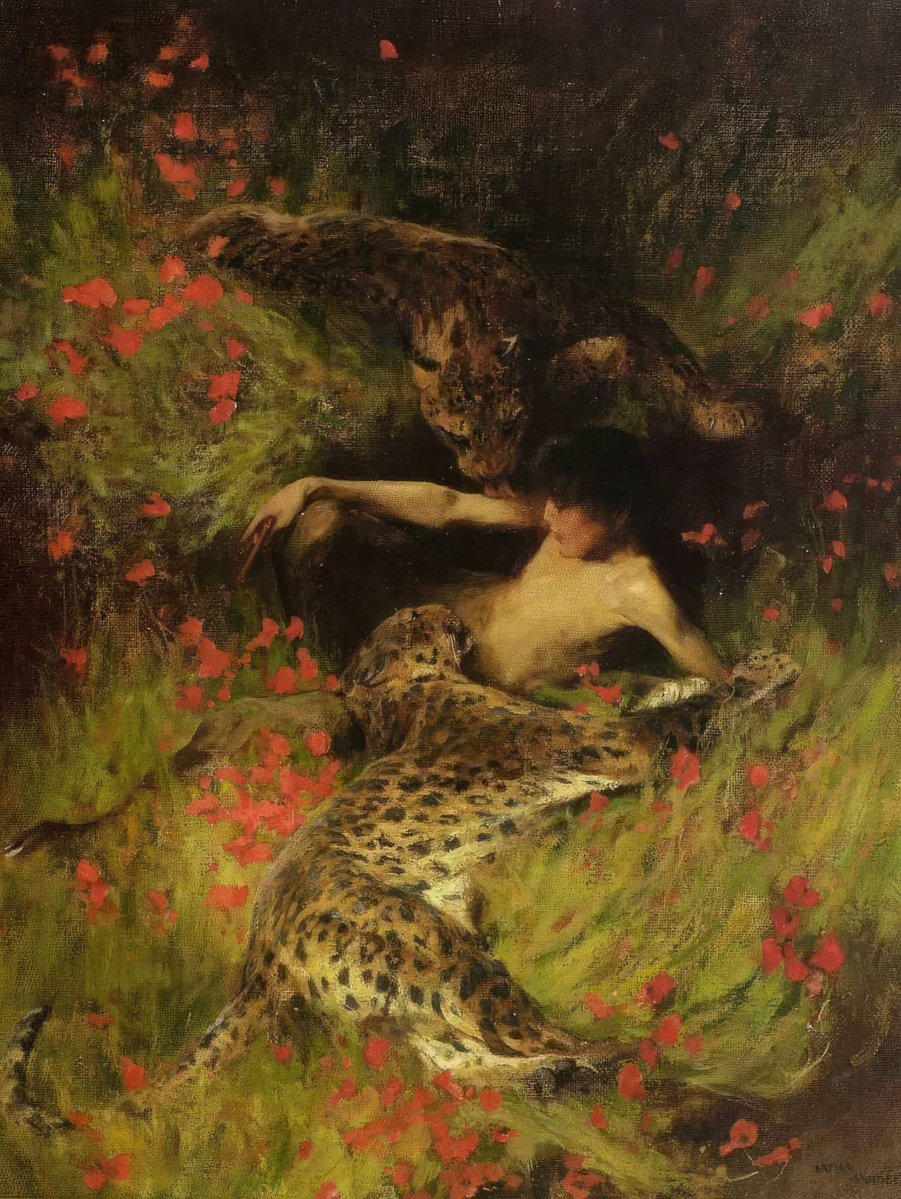 archaeologyart's tweet image. A Satyr Resting with Leopards. Artist: Arthur Wardle (British, 1864–1949). Date: c. 1906 AD. Medium: oil on canvas; 34 × 26 cm (approx. 13 × 10 in). Signed lower right. Sold at Sotheby’s, London, 19 December 2001.
