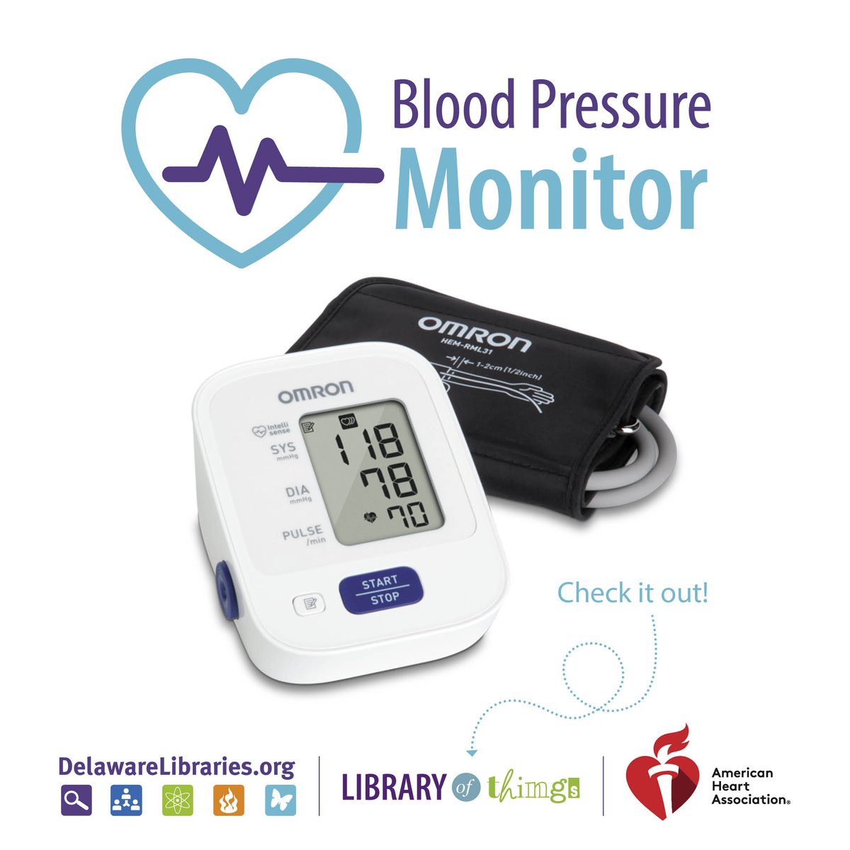 Did you know you can borrow a blood pressure cuff from the library?! The ‘Delaware Library of Things’ is a collection of fun &amp; useful gadgets, tools &amp; games you can check out with your Delaware Library Card! delawarelibraries.org/librarycard | delawarelibraries.org/things | #netde #delibraries