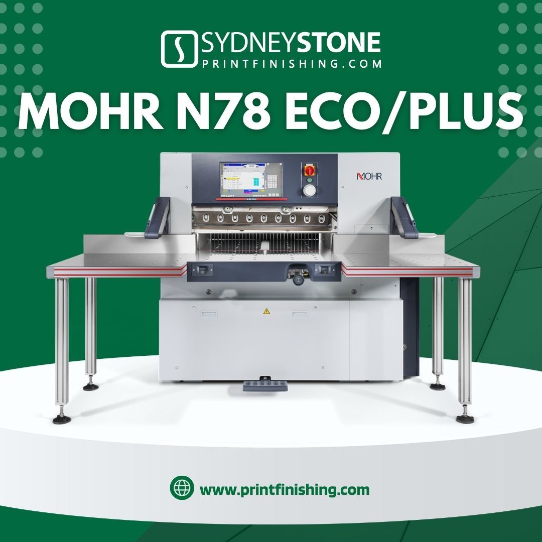 MOHR N78 ECO/PLUS.                                            Cutting Width – 30.71” 
Pile Height – 4.72” 
Clamping pressure – 6,614 lbs 
Backgauge Speed – 11.81in / sec
Knife Speed – 45 cycles 
Smallest Cut - .79”