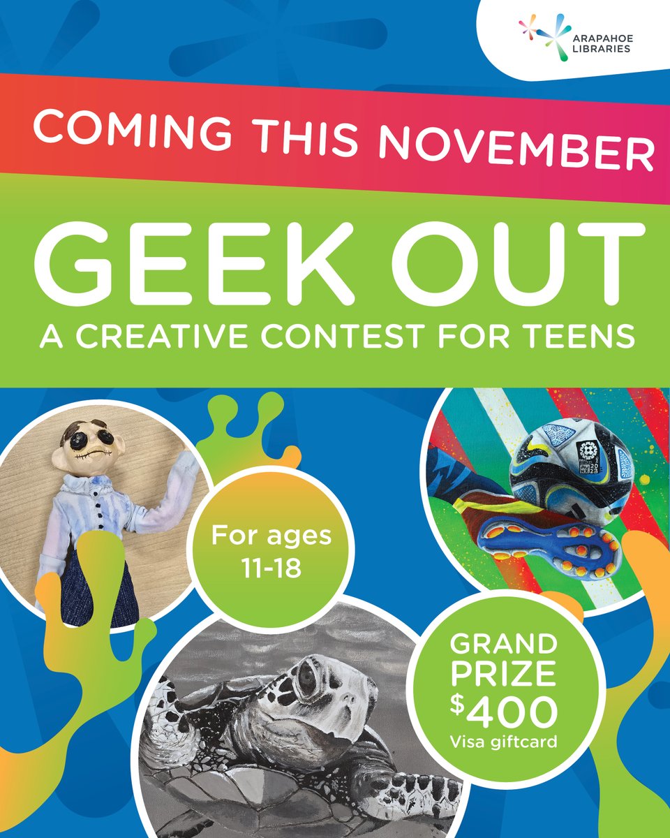 ArapahoeLibrary's tweet image. 🎉 Teens 11–18: Love books, comics, games or movies?
Get ready to GEEK OUT!
🎨 Fan art, cosplay, fanfic &amp;amp; more
🗓️ Submissions open November 1 at Arapahoe Libraries or online
🔗 Learn more: arapahoelibraries.org/geek-out/

#GeekOut2024 #ComingSoon #TeenContest #FandomFun