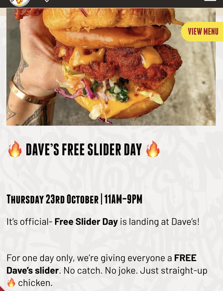 This thursday, you can get a FREE burger at any Dave's Hot Chicken store near you! 🍔

Just have the app downloaded and redeem in store from 11am - 9pm on the 23rd October.