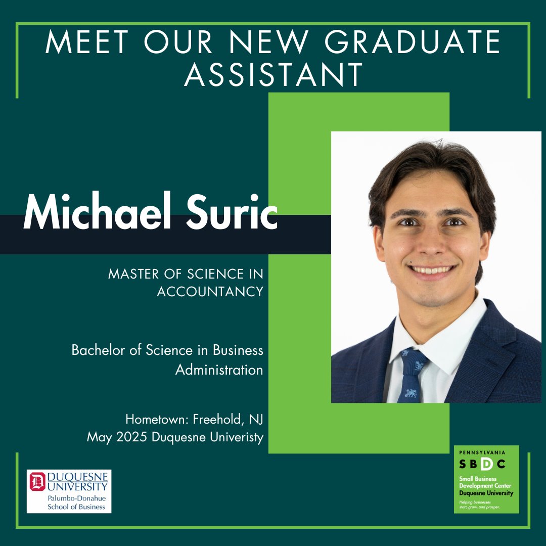 Welcome Michael Suric. Michael is pursuing his Master's of Science in Accountancy degree and will be contributing to the consulting of our small business clients.

Read about our staff - sbdc.duq.edu

#dusbdc #pasbdc #graduatesssistants #smallbusinesssupport #DuqBiz