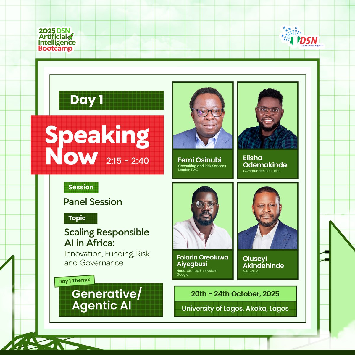 #HappeningNow

Day 1, Session 2

It’s the first Panel Session of the #DSNAIBootcamp2025

Joining us today are <a href="/FEMIOSINUBI/">FEMI OSINUBI</a>  (Consulting &amp; Risks Services Leader <a href="/PwC_Nigeria/">PwC Nigeria</a>) , Folarin Oreoluwa Aiyegbusi ( Head, Startup Ecosystem  <a href="/Google/">Google</a>) &amp; <a href="/Elishatofunmi/">Elisha Odemakinde</a>  (Cofounder, <a href="/rectlabs/">Rectlabs Inc</a> )