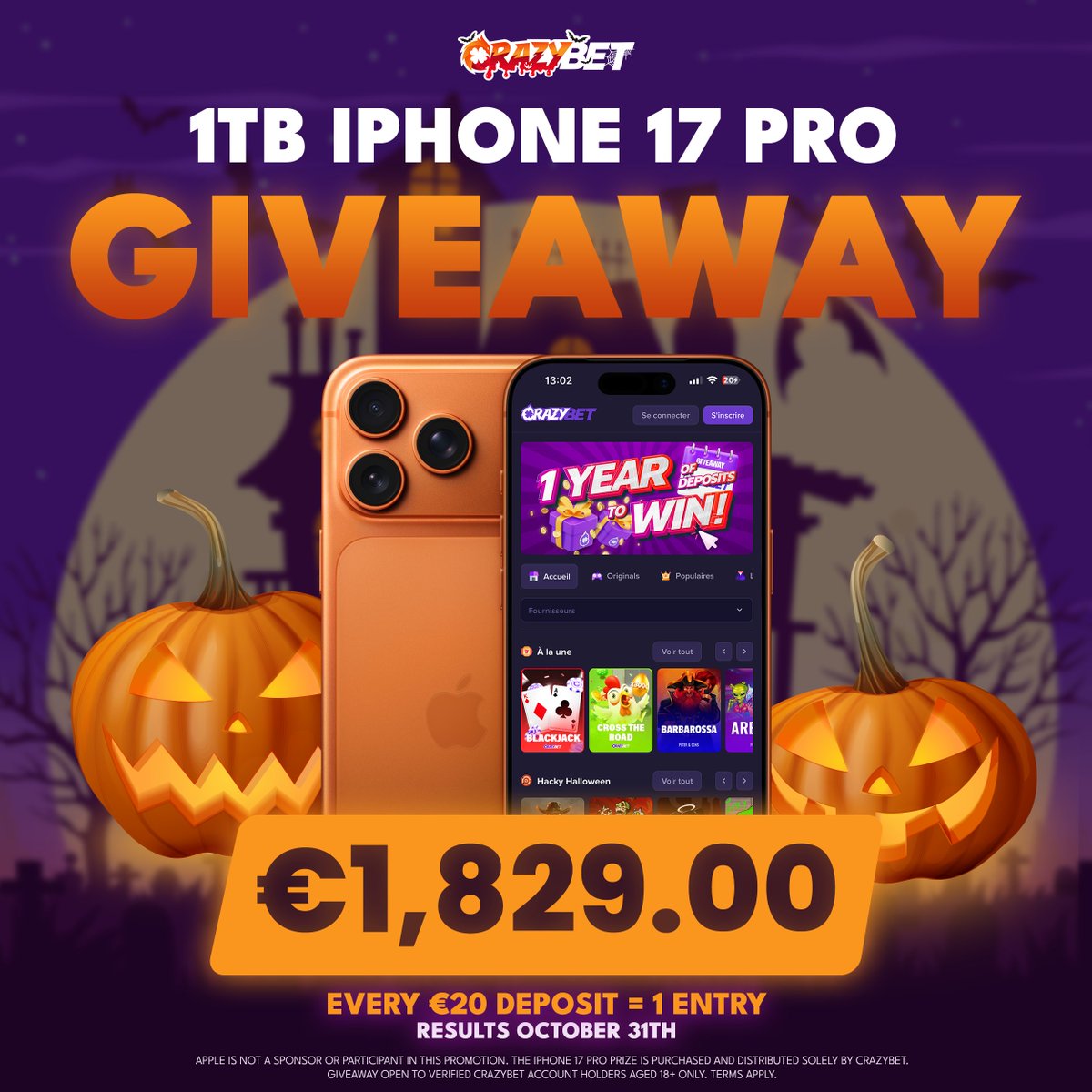 📱iPhone 17 Pro 1TERRORBITE Giveaway !🎃

🔄 + Follow @Crazybet = 1 entry 
💰 Every €20+ deposit = 1 entry

Winner revealed Nov 1st 🧟‍♂️

Create your CrazyBet account, deposit &amp; play !

#CrazyBet #Halloween #iPhoneGiveaway #iPhone17