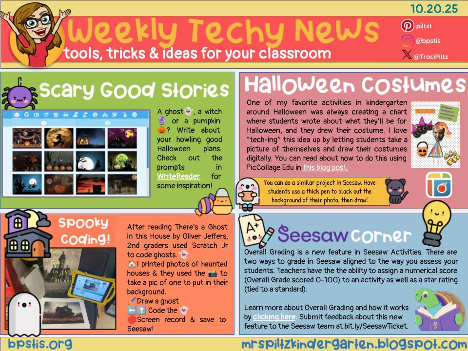 TraciPiltz's tweet image. 🕷️Create scary good stories in @WriteReaderApp 
🎃Use @PicCollage EDU or @AdobeExpress in this fun Halloween costume project
👻Use @ScratchJr  to code a spooky ghost after reading There&apos;s a Ghost in This House
🎓Overall Grading new in @Seesaw 
➡️bit.ly/43bgeNp