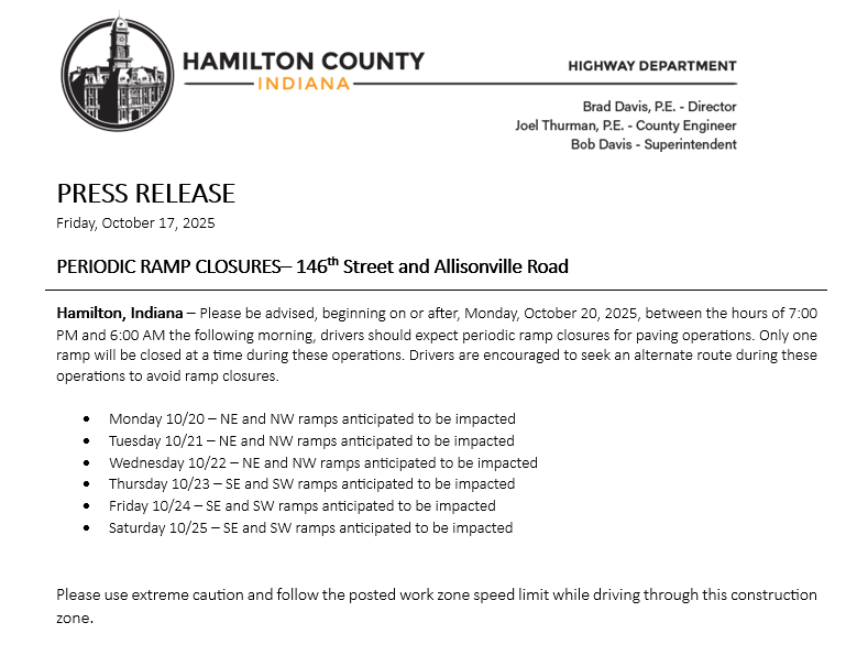Press Release from Hamilton County Highway Department: