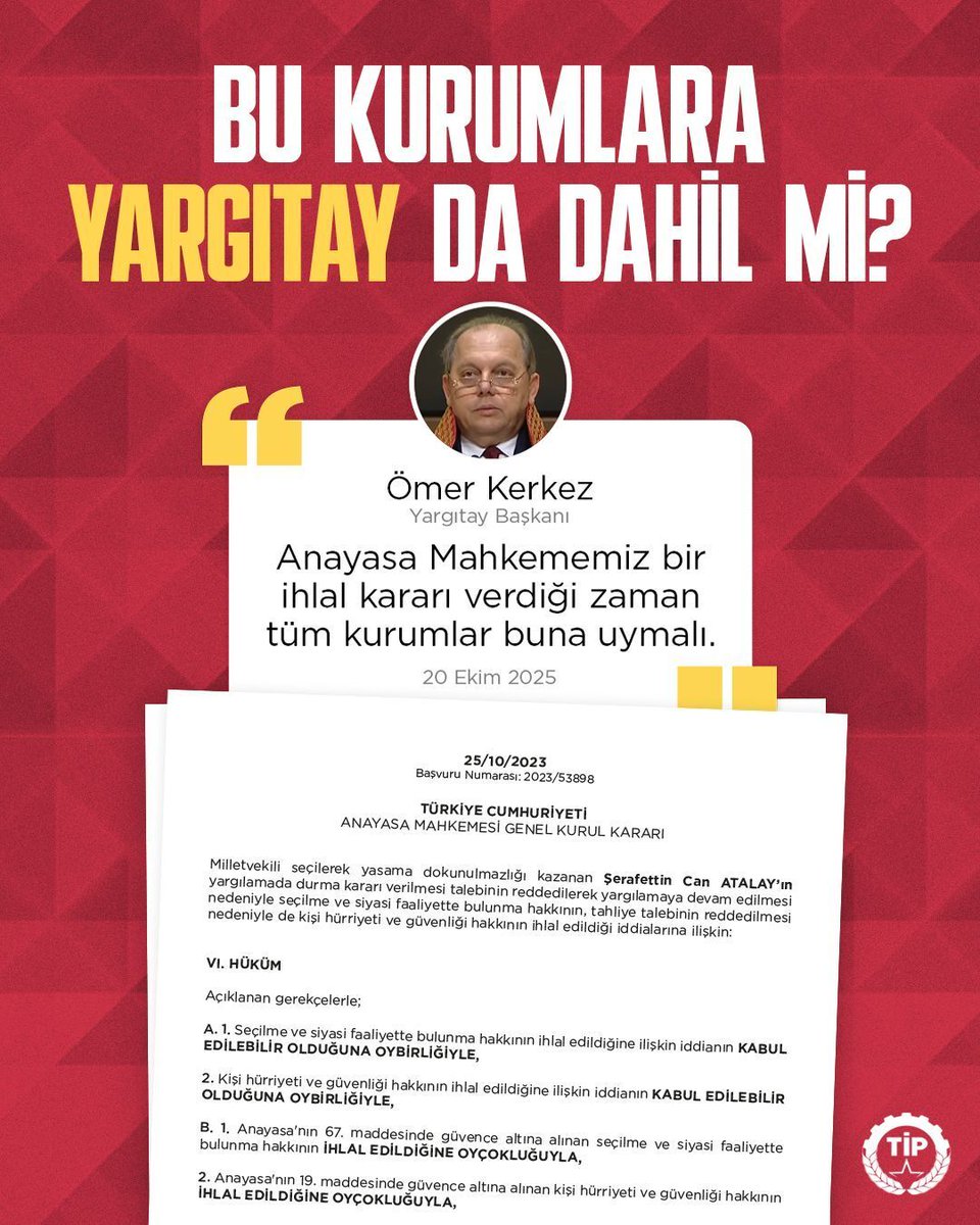 tipgenelmerkez's tweet image. Anayasa Mahkemesi Can Atalay'ın tutsaklığına 3 kez "ihlal" dedi!