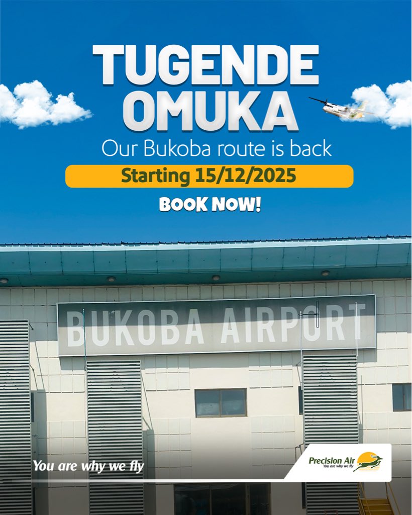 PrecisionAirTz's tweet photo. Bukoba flights are officially back!
Starting December 15, 2025, fly with Precision Air from Dar es Salaam to Bukoba.
Plan your trip today via the link in our bio or call us at 0746 984 100.
#BookPayandFly #PrecisionAir https://t.co/nMu1Ye9gNc