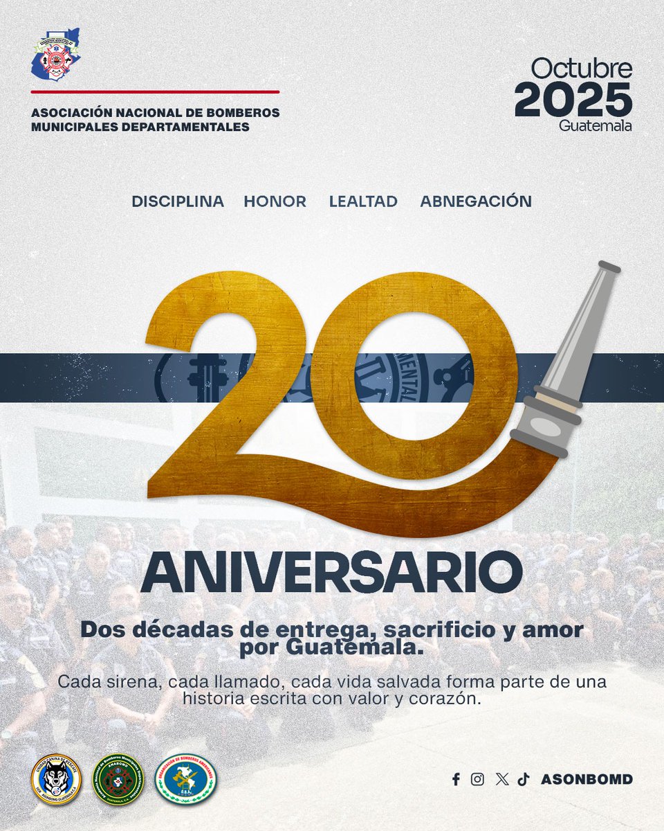 ASONBOMDGT's tweet photo. 🔥 20 años de entrega, sacrificio y amor por Guatemala 🇬🇹

Hoy celebramos dos décadas sirviendo con disciplina, honor, lealtad y abnegación.

Cada sirena, cada llamado y cada vida salvada son testimonio del compromiso que nos une: proteger y servir con el corazón. ❤️🚒

Gracias a cada bombero municipal departamental que ha formado parte de esta historia.

#ASONBOMD #20AñosDeServicio #BomberosGuatemala #OrgulloBomberil #DisciplinaHonorLealtadAbnegación