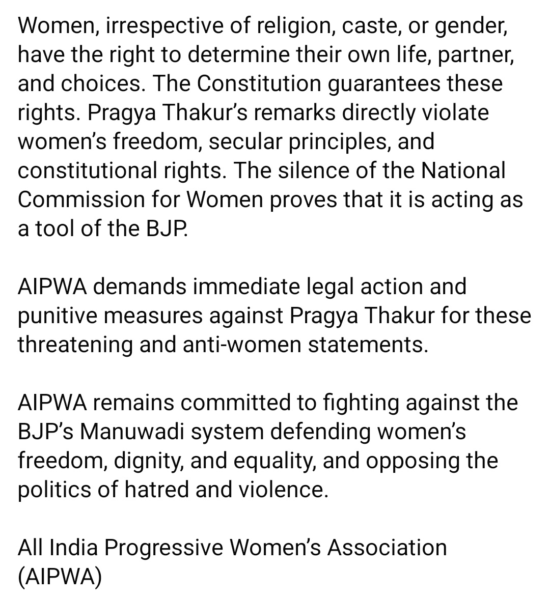 AIPWA Strongly Condemn Extremist Hindutva Leader Pragya Singh Thakur’s Anti-Women and Manuwadi Remarks, which Violate Women’s Constitutional Rights!