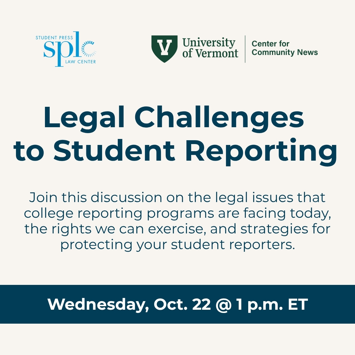 Join SPLC and the <a href="/Cent_Comm_News/">Center for Community News</a> this Wednesday for a discussion on the legal challenges that college reporting programs are facing today, the rights you can exercise, and strategies for protecting your student reporters.

Legal threats are rising. We're giving you the