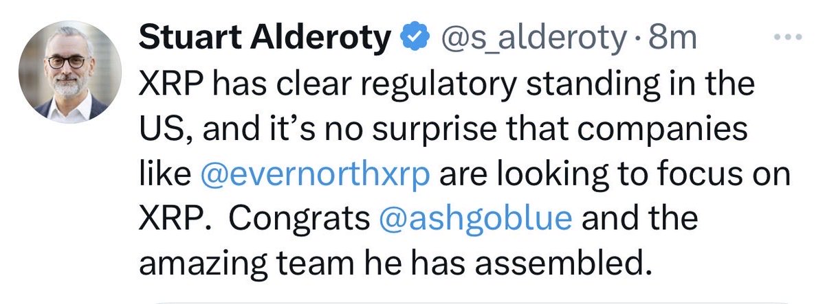 ⚠️ BREAKING:

Ripple CLO Stuart Alderoty says:

„#XRP has clear regulatory standing in the US!“ 🇺🇸 

XRP 🤝🏼 USA