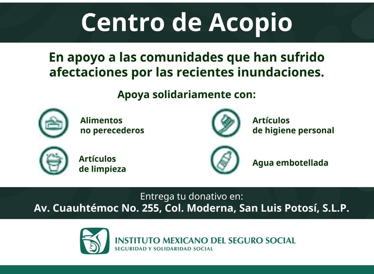 IMSS_S_L_P's tweet photo. 🤝 El #IMSSSLP habilita su Centro de Acopio en apoyo a las comunidades afectadas por las recientes inundaciones.
Apoya solidariamente con:
🥫 Alimentos no perecederos
🧴 Artículos de higiene personal
🧹 Artículos de limpieza
💧 Agua embotellad https://t.co/ia5HbogXIq