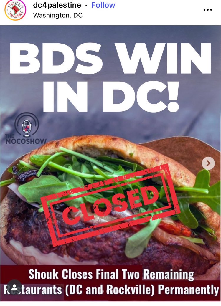 ArchaeoBenjamin's tweet image. Closing a D.C. kosher vegan restaurant is a โBDS win.โ
They donโt want Jewish Israelis to exist in Israel but any time one dares have a life somewhere else they do everything in their power to destroy them.
And they want us to believe this is just about opposing a nation-state?