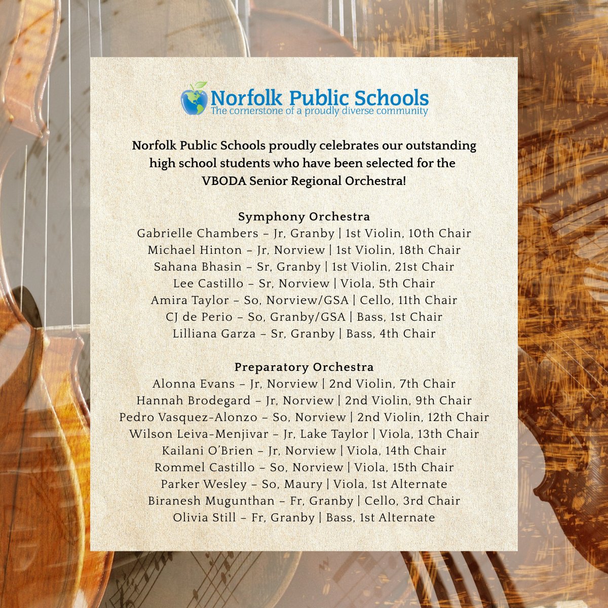 NPSchools_VA's tweet image. 🎶 Congratulations to our talented NPS musicians selected for the VBODA Senior Regional Orchestra! Their dedication &amp;amp; artistry shine through every note.

🎻 Symphony &amp;amp; Preparatory Orchestra honorees represent the very best of Norfolk Public Schools!

#NPS #VBODA #MusicEducation