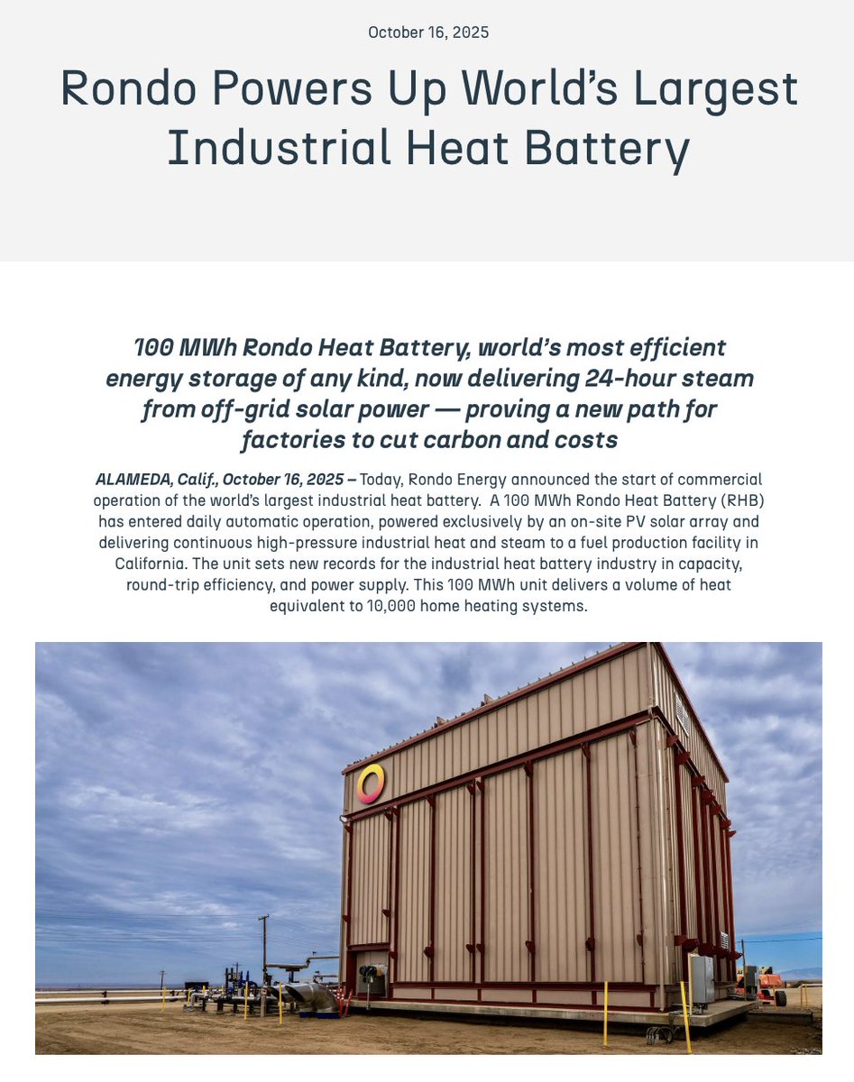 Another big milestone for industrial decarbonisation: <a href="/rondoenergy/">Rondo Energy</a> has just powered up what it calls the world’s largest industrial heat battery — a 100 MWh system delivering continuous high-temperature steam from renewable power.

Industrial heat makes up roughly a quarter of