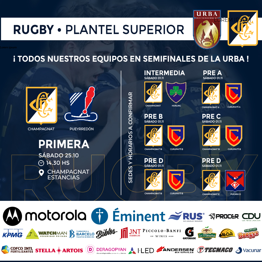 🏉¡𝗦𝗶𝗲𝘁𝗲 𝗱𝗲 𝘀𝗶𝗲𝘁𝗲!
Todos los equipos del Plantel Superior clasificados para las semifinales del torneo de 1A de la <a href="/URBA_ok/">URBA</a>  
Acompañemos a nuestros jugadores que tan bien nos representan en la preparación para los desafíos que se vienen.