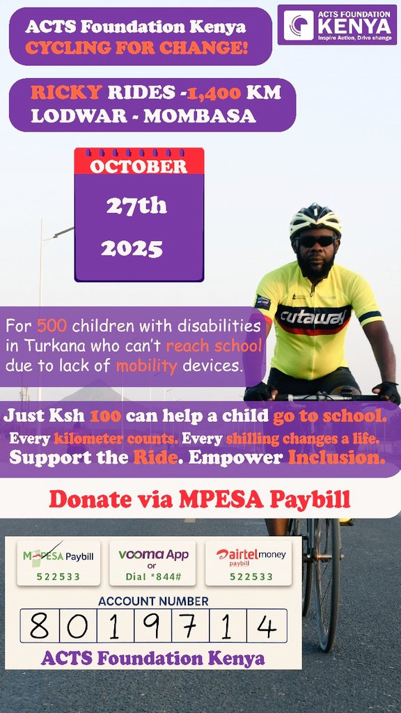 <a href="/ACTsFoundKE/">ACTs Foundation KE</a> 🚴‍♂️Every pedal stroke brings hope! Support 500 learners with disabilities who can’t access school.

Donate any amount &amp; be part of the change. 💜 #CyclingForInclusion #CyclingForChange <a href="/CBM_Global_KE/">CBM Global Disability Inclusion - KE</a>
<a href="/JahnetChela/">Janet Chelangat</a>
<a href="/DrJohnErus/">H.E Dr. John Erus Lopeyok</a> <a href="/IDA_CRPD_Forum/">International Disability Alliance (IDA)</a> <a href="/koriremmie/">Emily Chebet</a>