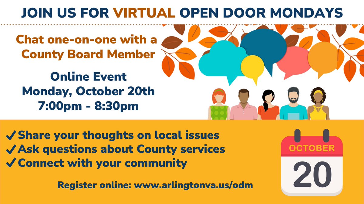 Open Door Monday is tonight. Meet virtually with a County Board member to share your ideas or feedback. Everyone is welcome. 

Details: arlingtonva.us/odm