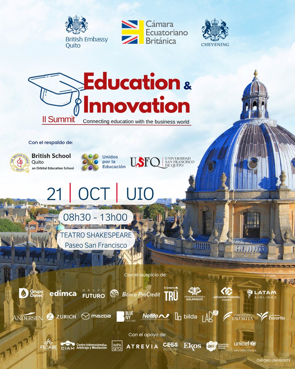 📌#Mañana puedes participar del Innovation &amp; Education Summit organizado por la <a href="/CamaraEcuBrit/">Cámara Ecuatoriano Británica</a>.
👀Regístrate aquí: bit.ly/47y497k
Este será un espacio para reflexionar sobre el papel fundamental de la #educación de calidad tanto a nivel académico como empresarial.