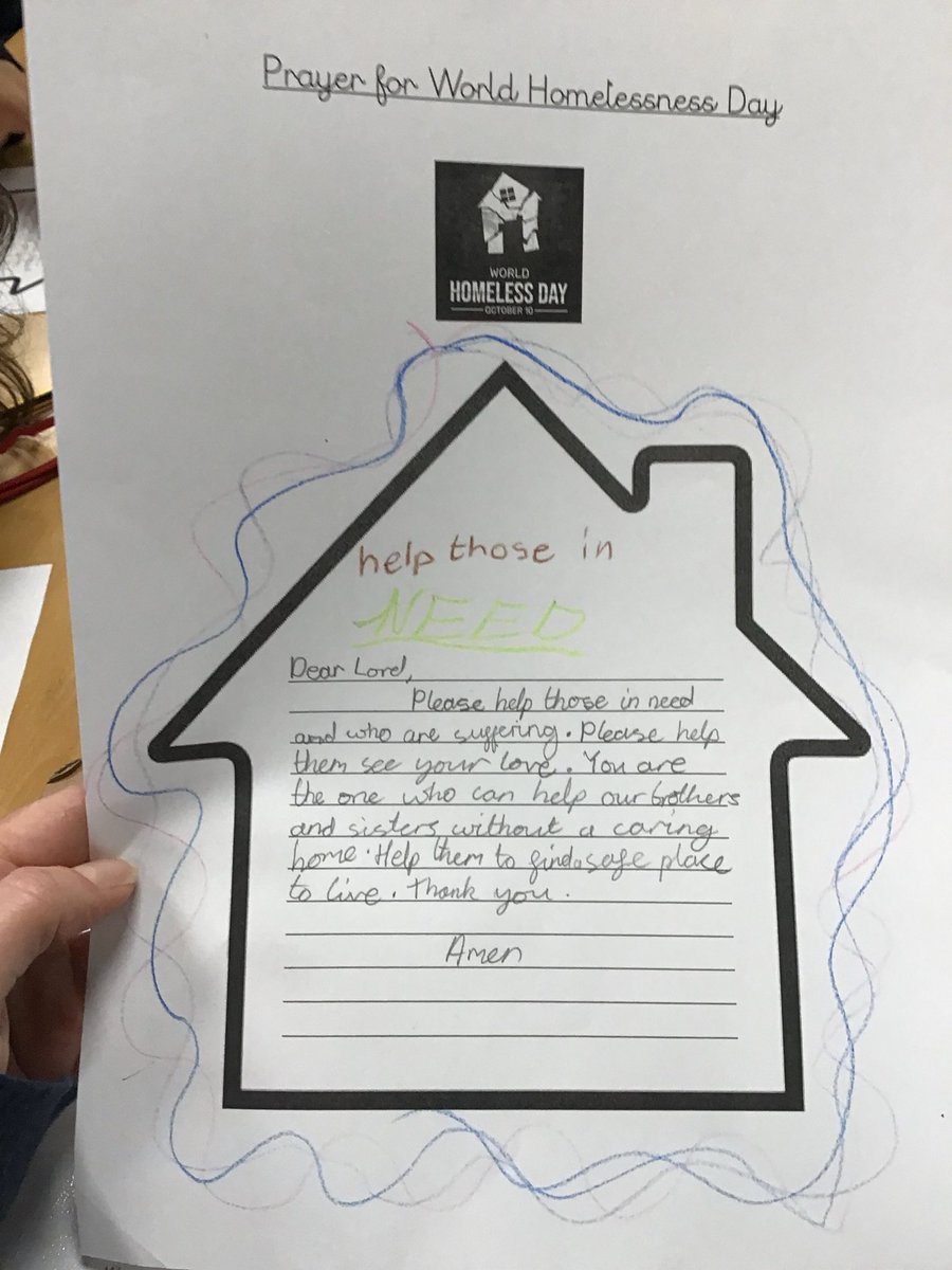 On Friday 10th October, our Caritas Ambassadors talked about World Homelessness Day. 

We shared what home means to us. We discussed how everyone should have a safe home and have their dignity respected. We then wrote prayers for the homeless.

#CaritasSalford