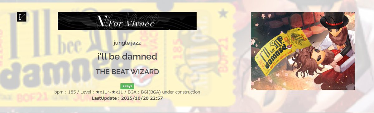 THE BMS OF FIGHTERS 21 - GO BACK 2 YOUR ROOTS -  

Team「V For Vivace」  
i'll bee damned

GFX: <a href="/ZethZ161/">傑 ✲ Zeth (comms open!)</a> <a href="/Len_licht/">Len</a> 
Illustration: <a href="/minerva_rin/">Mofumofu Rin🐏</a>
BMS: <a href="/NXC_Production/">Nextercise/Samid</a> 

BGA coming soon!!

#event_bof #BOF21 #VforVivace

manbow.nothing.sh/event/event.cg…