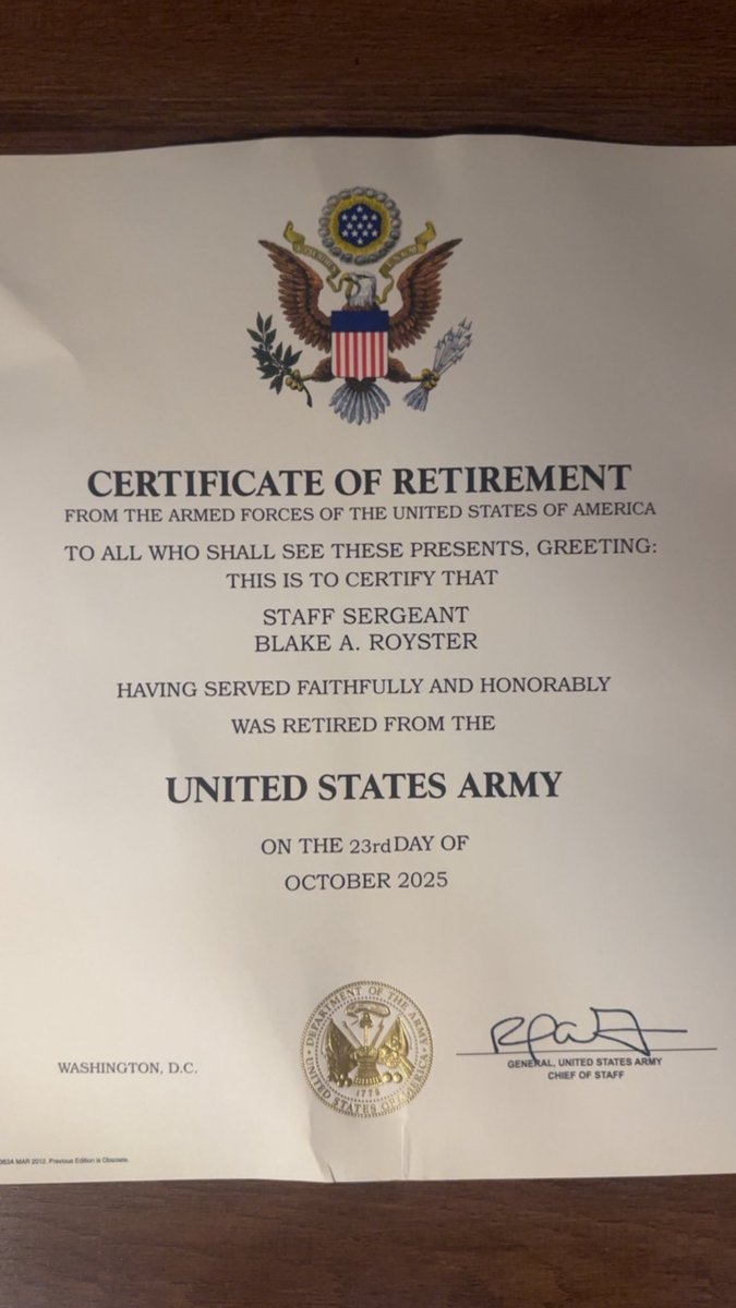 How infuriating! My non X buddy recently received his retirement certificate in a very sturdy envelope stamped “Di Not Bend” what does the <a href="/USPS/">U.S. Postal Service</a> carrier do? Bends and crinkles his certificate. 

It is the little things folks! 

<a href="/PeteHegseth/">Pete Hegseth</a> <a href="/SecWar/">Secretary of War Pete Hegseth</a> can you help fix this cert?