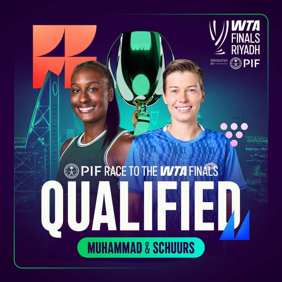 WTA's tweet image. WTA Finals spot secured 👌
Asia Muhammad and Demi Schuurs have confirmed their place at the #WTAFinalsRiyadh through the PIF Race to the WTA Finals!
A wonderful season, that included a WTA 1000 title in Indian Wells, will have a fitting conclusion 🙌
@WTAFinalsRiyadh