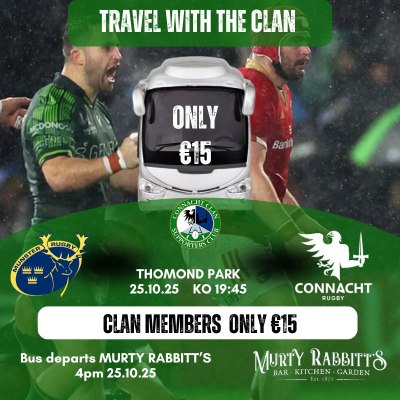 📣 Some bus tickets left for the trip to Munster this Saturday 
Only €15 for Clan Members
 Tickets here:  rb.gy/asdtdw