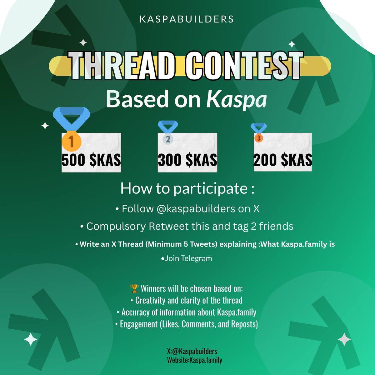 KaspaBuilders's tweet image. 🚨 THREAD CONTEST ALERT! 🚨
Hosted by @KaspaBuilders 🧱
Show off your creativity & win big — a total of 1,000 $KAS up for grabs! 💰
🏆 Prizes
🥇 1st – 500 $KAS
🥈 2nd – 300 $KAS
🥉 3rd – 200 $KAS
💡 How to Participate
1️⃣ Follow @KaspaBuilders
2️⃣ ❤️ Like, 🔁 Retweet & tag 2…
