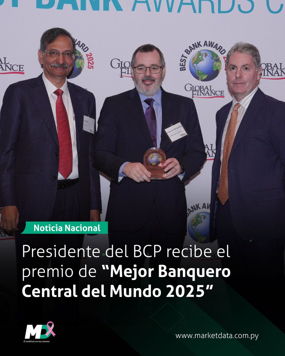 marketdata_py's tweet image. 🇵🇾🏆 El presidente del @BCP_PY, Carlos Carvallo, fue distinguido con el premio “Best Central Banker 2025” por la revista internacional Global Finance, en reconocimiento a su destacada gestión al frente de la institución.
📍 Más detalles n9.cl/n8yiv