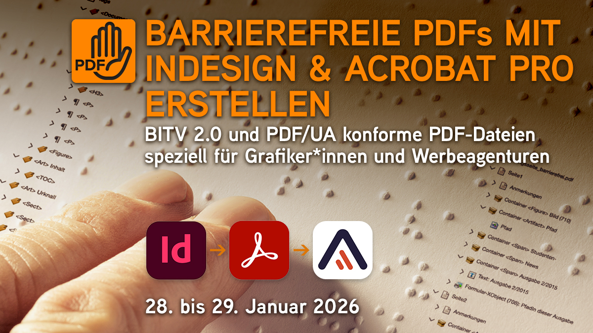 SchulungenNbg's tweet image. Erstellen Sie barrierefreie PDFs für den öffentlichen Dienst und Behörden! Lernen Sie in unserer #Schulung vom 28. bis 29. Januar 2026 wie Sie mit Adobe #InDesign und Acrobat Pro strukturierte Dokumente erstellen, die für alle zugänglich sind. wildkolleg.de/?wk=923 #BITV #PDFUA