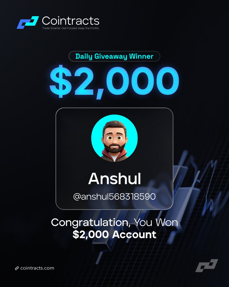 Daily Giveaway Winner!

Congrats to <a href="/anshul568318590/">anshul</a> 
   
You’ve won today’s $2K Cointracts Challenge Account 

Stay active daily on X, Telegram, Discord &amp; Instagram tomorrow it could be YOU!